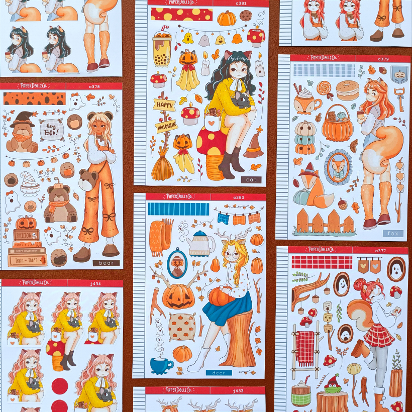 Collection of Halloween-themed illustrations with girls, pumpkins, and costumes, featuring various characters and festive decorations.