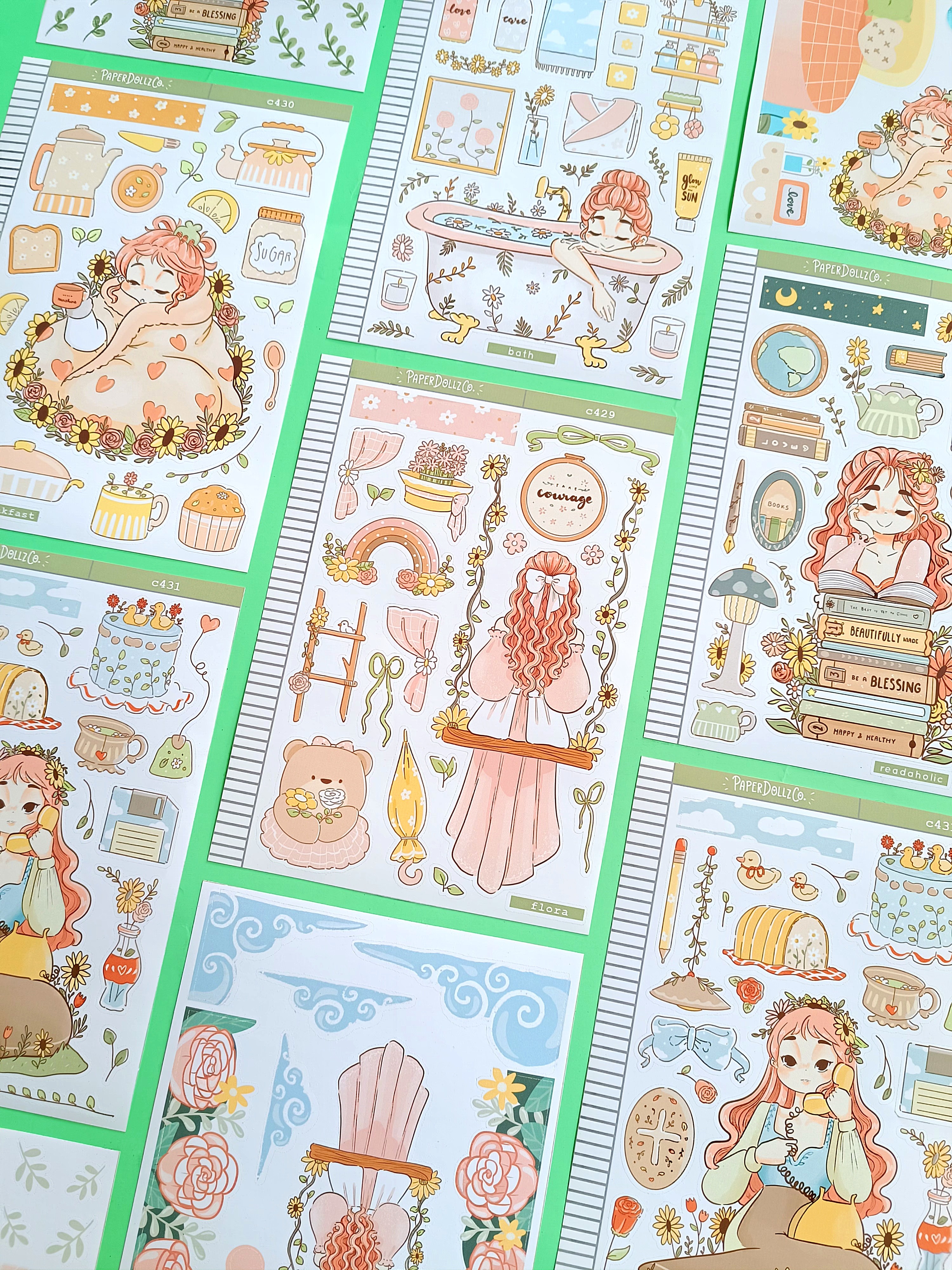 Collection of illustrated pages featuring children, animals, and objects in pastel colors, with various scenes and activities.
